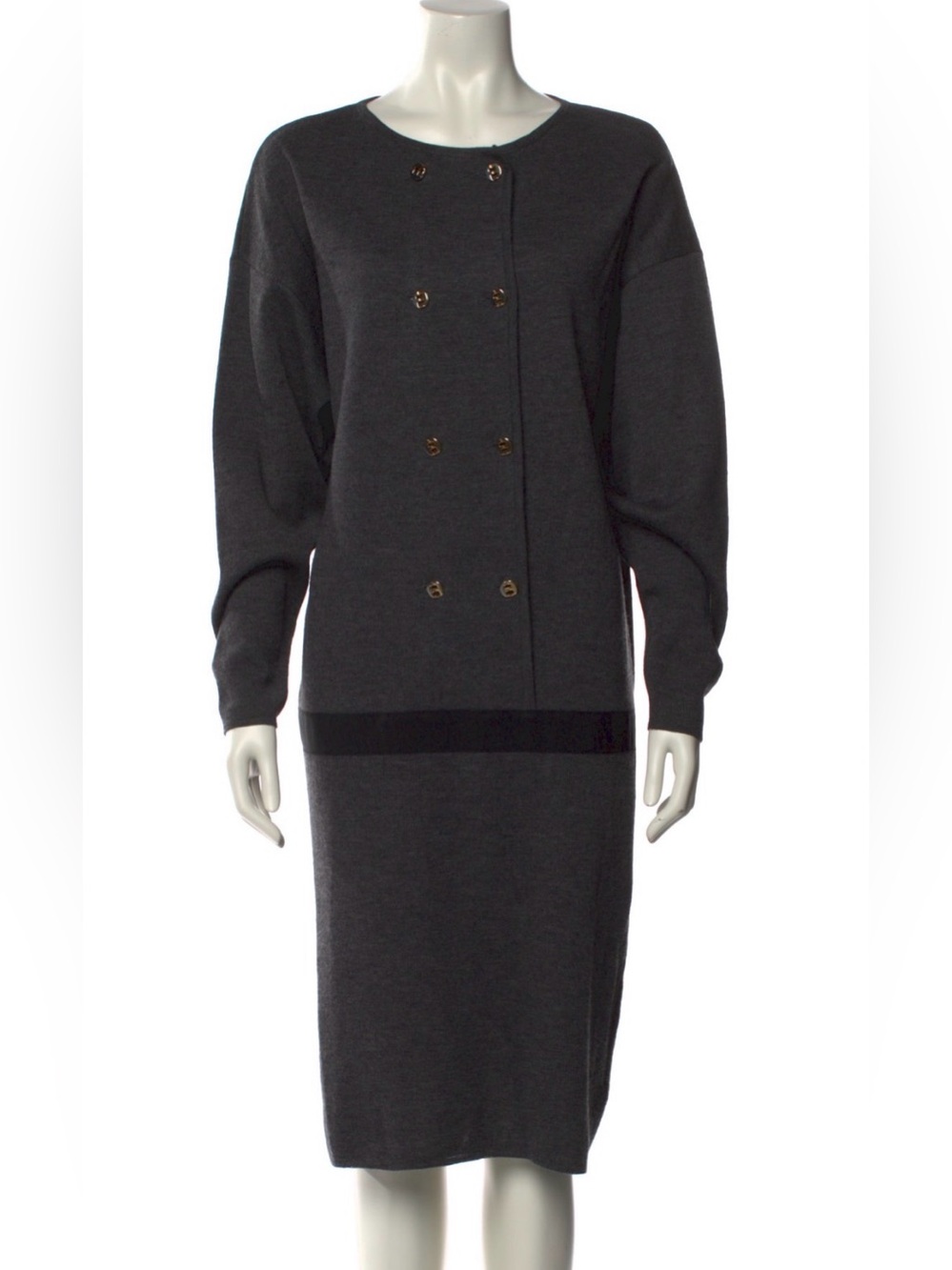 Salvatore Ferragamo Vintage Classic Charcoal Button-Front Knit Dress